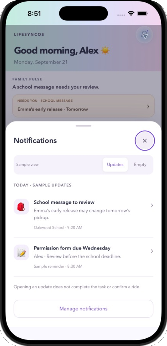 Notifications sheet with two sample updates and a line reading: opening an update does not complete the task or confirm a ride